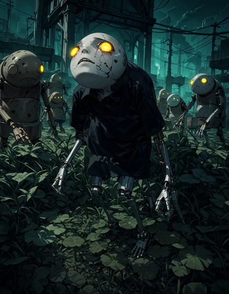 score_9,score_8_up,score_7_up,score_6_up,score_5_up,
dramatic lighting,high contrast,gloomy atmosphere,
<lora:machine_lifeform:1>,machine_lifeform,machine,robot,runny makeup,black_tears,no humans,<lora:er_albinauric:1:stop=20>,er_frogman,monster,glowing eyes,