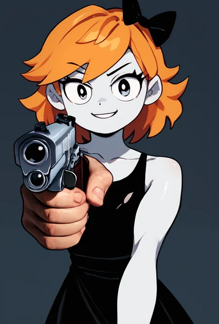 score_9, score_8_up, score_7_up, score_6_up, score_5_up, simple, looking at viewer, smiling, simple, <lora:derpina-10:1> derpina, 1girl, short hair, hair bow, medium hair, orange hair, black dress,, white skin,, <lora:HandPointingAGunMeme_XLPD:1> holding weapon, handgun, holding gun, aiming at viewer, revolver, finger on trigger