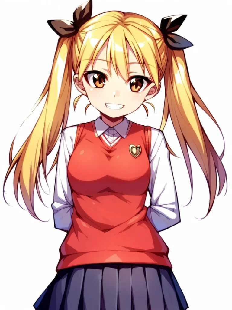 score_9, score_8_up, score_7_up,  
1girl, saionji rinka, twintails, small breasts, brown eyes, hair ribbon, blonde hair,

standing, smile, red sweater vest, pleated skirt, arms behind back, white shirt, long sleeves, school uniform, white background, solo, looking at viewer,
