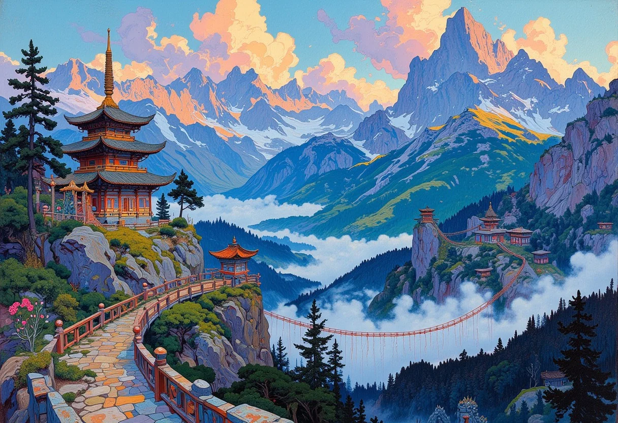 m0d3rn1mpr,
i11ustmin Illustration,
A majestic landscape depicting high snow-capped mountains. In the valleys between the mountains, the forest is covered with fog. Inaccessible ancient oriental temples are located on the slopes of the mountains. The temples are connected by wooden suspension bridges. The temples are covered with colorful exotic paintings. Blue sky with hints of pink and orange on delicate clouds. The forest in the valleys is dark and mysterious. A bizarre surreal landscape in the style of modern impressionism. A magical place.