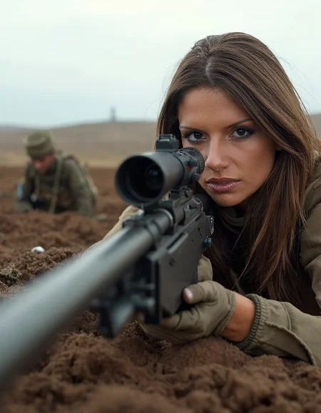A female Marine sniper lies prone behind a sandbag bunker, her M40 rifle trained on an enemy position across no man's land. The camera is positioned from a high angle, capturing the intricate details of her uniform and equipment as well as the desolate landscape surrounding her. A subtle gradient effect enhances the contrast between light and dark, drawing attention to the subject's sharp features.
