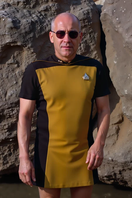 a high quality sharp photo still of old mexican man wearing yellow STSKNT short uniform with black shoulders and sides and with short sleeves standing next to a large rock in sunglasses.<lora:ST_SKANT_FLUX><lora:aidmaMJ6.1-FLUX-V0.1:0.6><lora:Movie_Portrait><lora:Flux DetailerV2><lora:TNGS1_FLUX:0.3>
