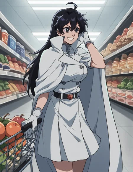 score_9, score_8_up, score_7_up, source_anime, <lora:bambietta-basterbine-tybw-ponyxl-lora-nochekaiser_r1:1>, bambietta basterbine, long hair, black hair, black eyes, large breasts,, skirt, gloves, belt, cape, cloak, white cloak,, grocery store, shopping cart, picking fruits, everyday life, , smile, , hand behind head, , solo,, cowboy shot, dutch angle