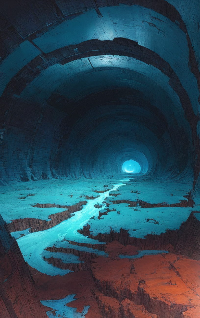 artwork <lora:Moebius:1>, Extreme Wide Shot of landscape with depth at midnight