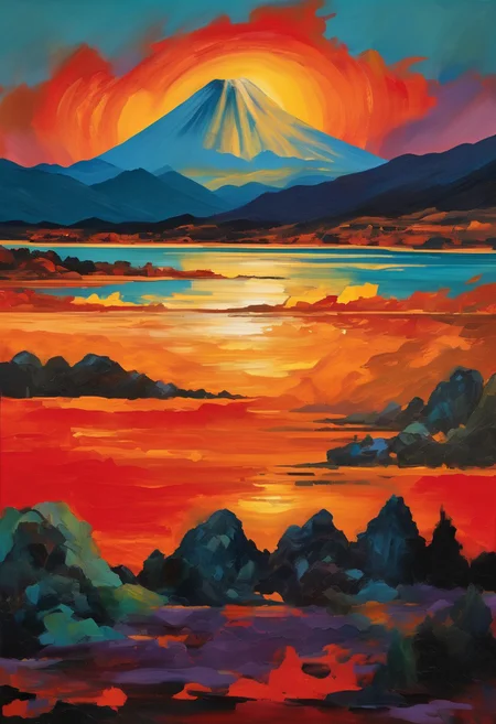 score_9, score_8_up, score_8_up, ((Cinematic composition)),((masterpiece)), (resplendent lighting), absurdres, very fine detail, 8k. Deep rich colours.
Thick oil paint and ink. a traditional Chinese landscape with mountains, a lake, stormy skies, pine trees and palette knife textures, sunset through the clouds, modern art. Volcanoes erupting in the distance. Citizens look on in horror. 
<lora:sdxl_lightning_8step_lora.safetensors:1.0>, <lora:add detail xl.safetensors:1.5>