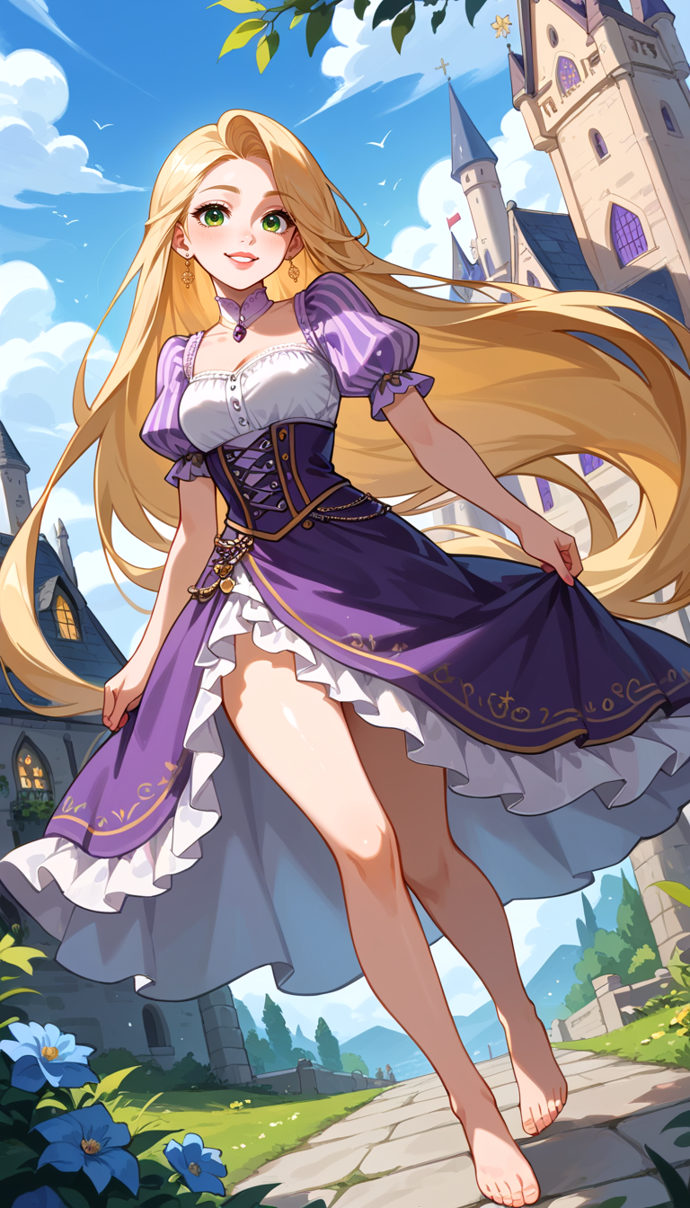 score_9, score_8_up, score_7_up, Anime Style, Full Body Shot, Rapunzel, cute, seductive, innocent, light smile:0.3, plump lips, slender body, long blonde hair, green eyes, cinematic light, purple dress, happy, barefoot, medieval castle background, depth of field, dynamic angle, fashion photography, sharp, hyperdetailed:1.15