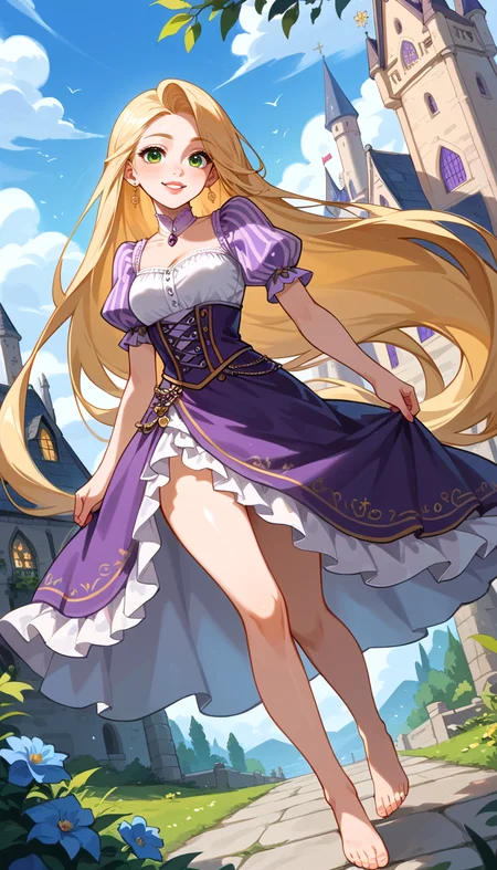 score_9, score_8_up, score_7_up, Anime Style, Full Body Shot, Rapunzel, cute, seductive, innocent, light smile:0.3, plump lips, slender body, long blonde hair, green eyes, cinematic light, purple dress, happy, barefoot, medieval castle background, depth of field, dynamic angle, fashion photography, sharp, hyperdetailed:1.15