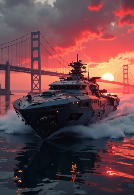 in the style of ck-mgs, A digital artwork in the style of cknc, a_skynet_cyberdyne_craft, the image is featuring a futuristic, highly advanced armoured gunboat equipped with machine guns and torpedos, moving rapidly up an estuary with a large suspension bridge. The hull is made of a dark gunmetal alloy and the hull is a flat wedge-shape with a square front, the cockpit shows glowing led lights, and has a large air intake. Stormy, red-hued sky, sunset