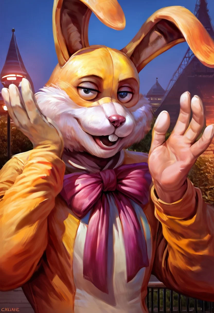 score_9, score_8_up, score_7_up, (luckytherabbit), source_furry, close-up, dynamic pose, solo, (yellow fur, rabbit costume), (masterpiece, best quality:1.2), (perfect hands, perfect anatomy), (detailed face, detailed body), detailed background, purple bow, black eyes, beautiful eyes, male, correct eyes, solo, attraction, park, night, concept art, realistic