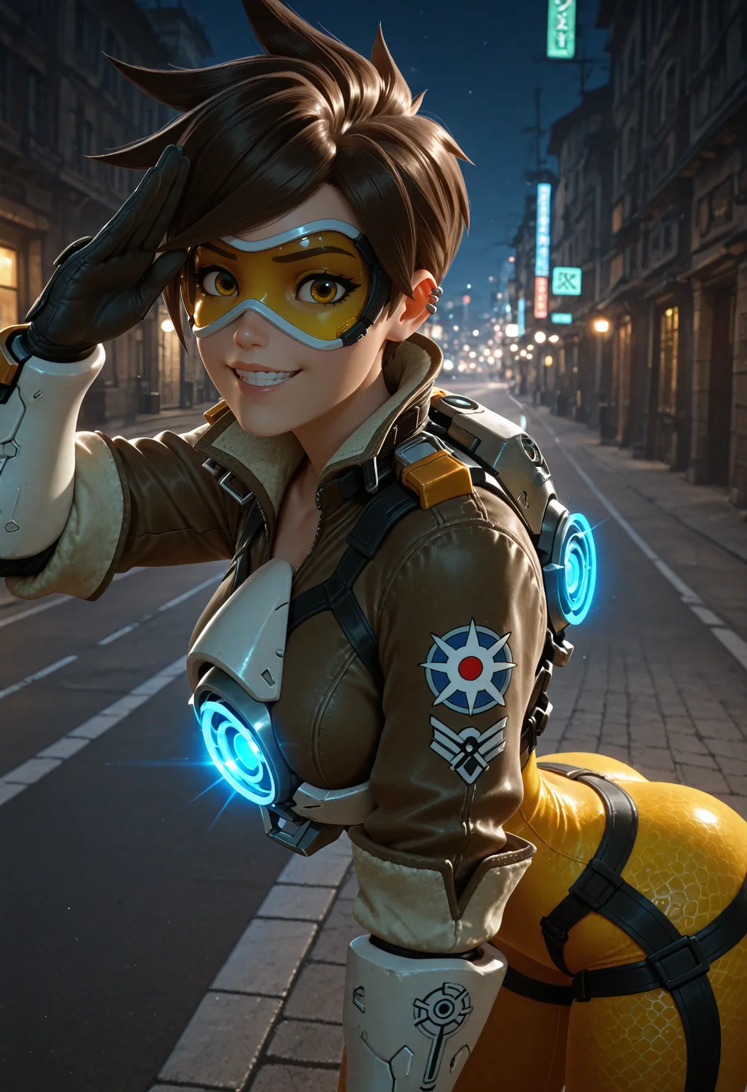 masterpiece, best quality, amazing quality, absurdres,
0v3rw4tch, 3d, lips, nose, 1girl, tracer \(overwatch\), brown eyes, brown hair, spiked hair, orange goggles, bomber jacket, cropped jacket, chest harness, orange bodysuit, ear piercing, leaning forward, salute, grin, looking at viewer, from side, night, street, outdoors, backlighting
<lora:sdxl_lightning_8step_lora:1> <lora:V2_Overwatch_Style:1>