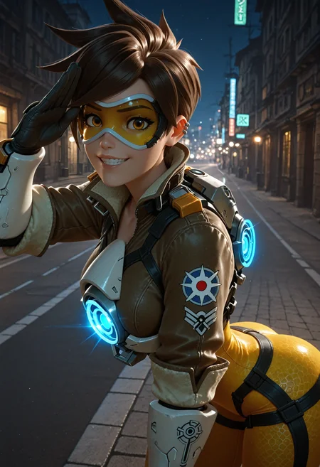 masterpiece, best quality, amazing quality, absurdres,
0v3rw4tch, 3d, lips, nose, 1girl, tracer \(overwatch\), brown eyes, brown hair, spiked hair, orange goggles, bomber jacket, cropped jacket, chest harness, orange bodysuit, ear piercing, leaning forward, salute, grin, looking at viewer, from side, night, street, outdoors, backlighting
<lora:sdxl_lightning_8step_lora:1> <lora:V2_Overwatch_Style:1>