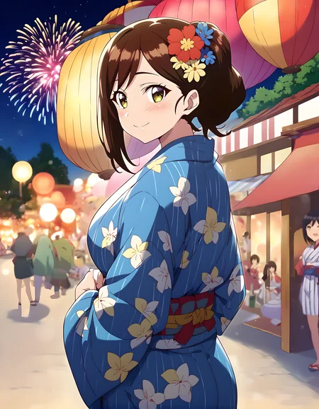 <lora:pony_xl_minami:0.9>,minami,score_9,score_8_up,score_7_up,source_anime,1girl,solo,yukata,hair flower,outdoors,night,festival,fireworks,smile,:d,light_blush,standing,upper_body,looking_back,looking_at_viewer,lens_flare,