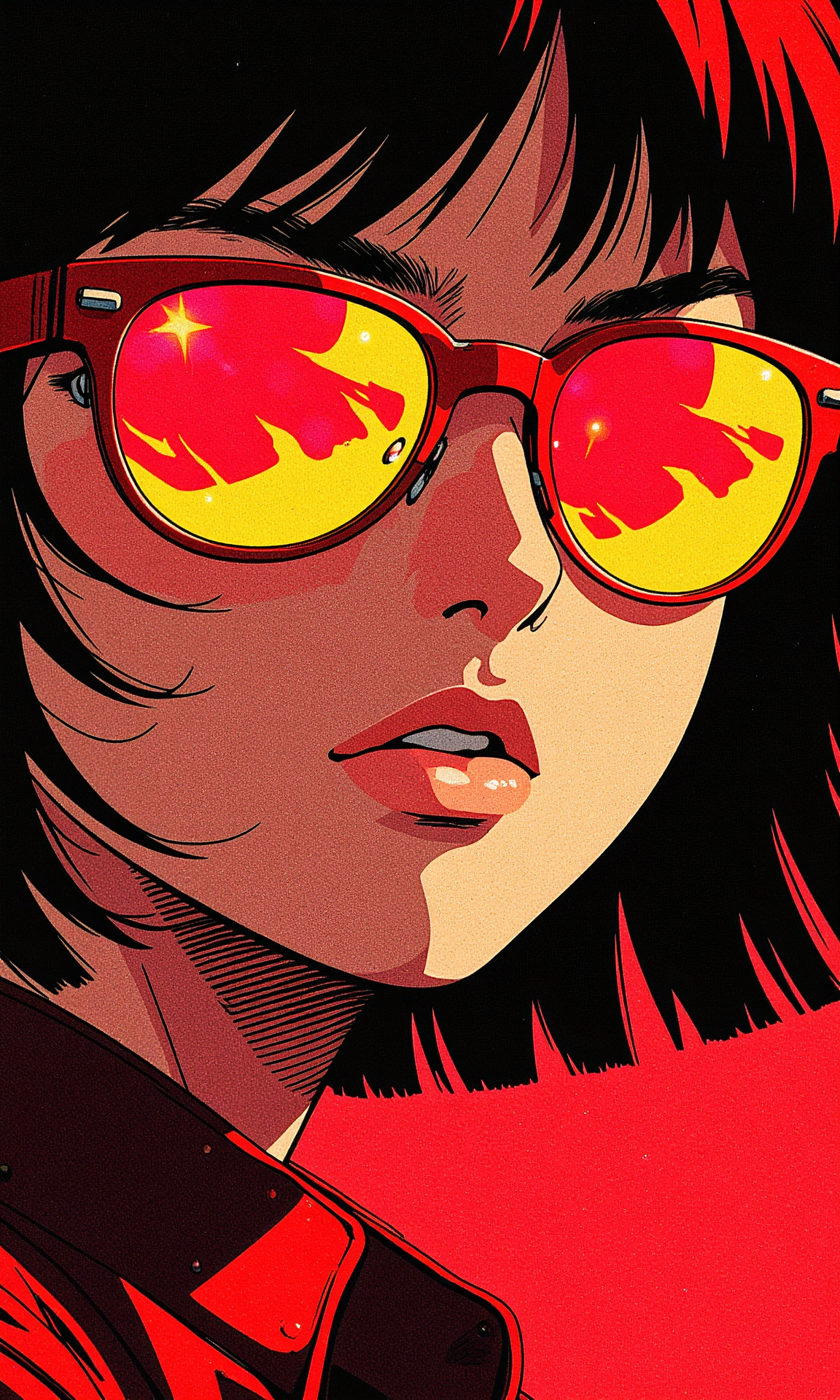 An anime-style close-up portrait of a stylish girl wearing bright red sunglasses, rendered in a combination of Goro Fujita's luminous detailing and Yoji Shinkawa's gritty linework. Her angular face is framed by bold outlines, with her sharp features enhanced by a high-contrast lighting scheme. Her vibrant red sunglasses reflect a fiery glow, drawing immediate attention to her confident expression.
The red background creates an intense and energetic atmosphere, while yellow highlights subtly accentuate the contours of her face and the reflective edges of her sunglasses. The overall color palette pops with vibrant tones, evoking a retro 90s vibe and a vintage manga aesthetic.
The dynamic angle and sharp focus, reminiscent of an 85mm lens, create a sense of immediacy, as though the viewer has caught her in a candid, cinematic moment. The artwork blends the simplicity of a manga art style with intricate detailing in her sunglasses, hair, and expression, adding depth to the illustration.
This iconic design channels the energy of a comic book cover, presenting her as both a bold and enigmatic figure. The stylish and minimalistic approach enhances the striking visual impact, making her an unforgettable character in a vibrant, high-energy composition.
BREAK anime, OBdonman