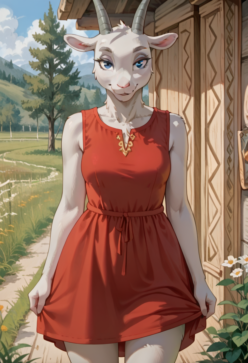 score_9, score_8_up, score_7_up, g04t, 1girl, solo, furry, goat, blue eyes, grey fur, horns, red dress, sleeveless, cowboy shot, meadow, looking at viewer, seductive smile, bedroom eyes, lifting dress, bare thigs, bare legs, outdoor,