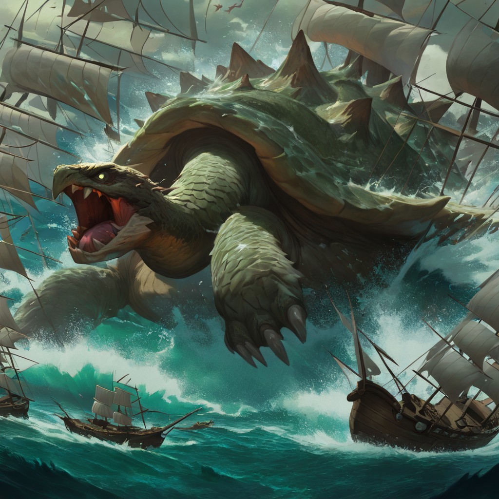 masterpiece, best quality, newest, absurdres, highres, DTV1.0, Turtle, Dragon,  pokemon (creature), monster, no humans, ocean, water, ship, battle,