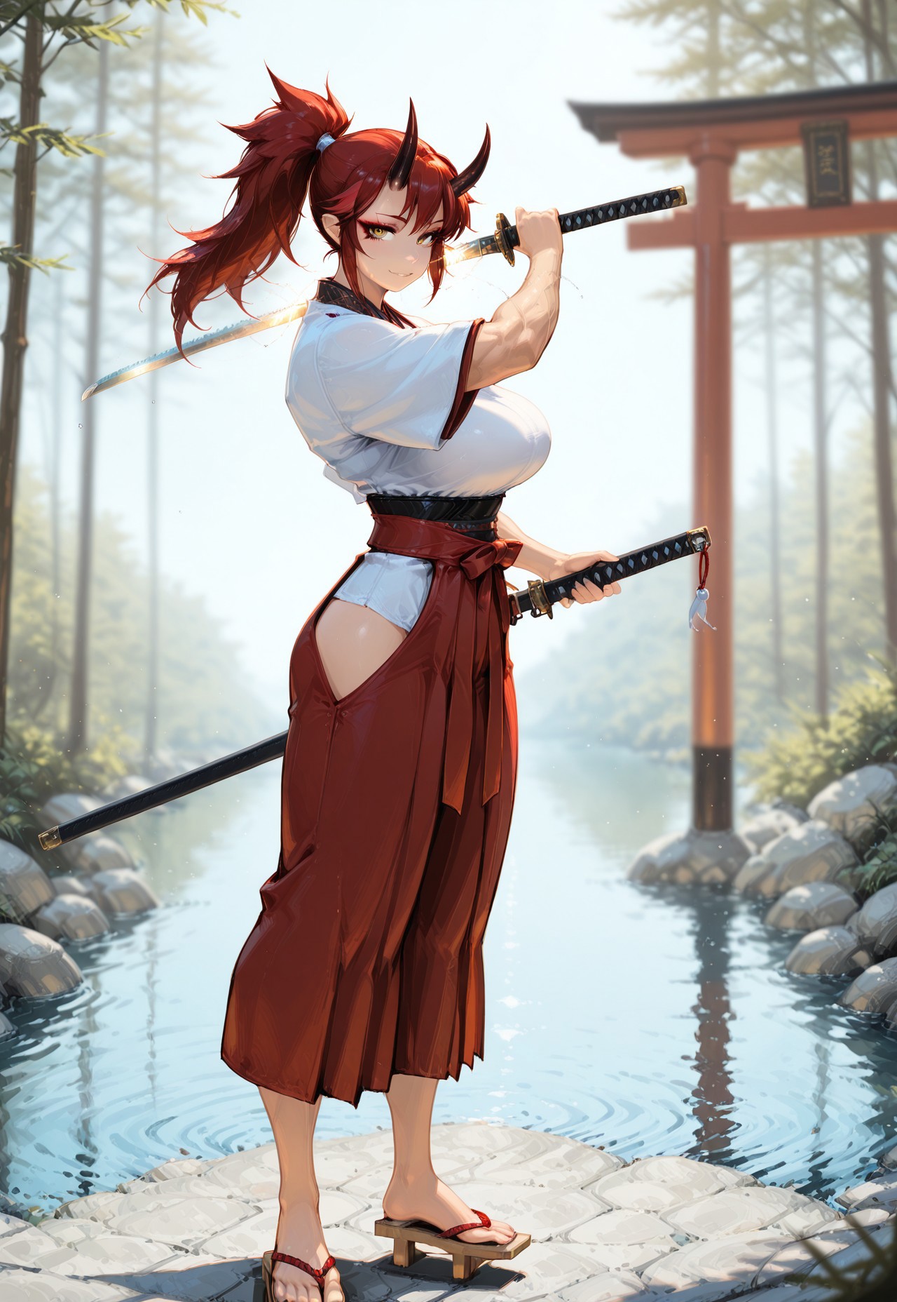 klskx, masterpiece, best quality, amazing quality,  Smooth Quality, dinamic lighting, 
 


masterpiece, best quality, amazing quality, 1girl, 8K, illustrating, CG, detailed-eyes, detailed background,  full body

cute girl, eyelashes, lowlight BREAK detailed background, eyelashes, erotic, looking seductive, coy. dynamic action image, detailed face, detailed eyes, direct mesmerizing gaze, BREAK (EyesHD:1.2), (4k,8k,Ultra HD), masterpiece, best quality, ultra-detailed, very aesthetic, sharp focus, depth of field, ray tracing, best lighting, detailed illustration, detailed background, cinematic, beautiful face, beautiful eyes, BREAK (sexy, slutty, hot, aroused), Aka-Oni, oni, smooth horns, black horns, muscular female, large muscles,Oni, Zeriastra, 1girl, solo, adult, tall female, golden eyes, red makeup, red hair, streaked hair, long hair ponytail, ponytail, short hairs, red and black horns, spiky horns, breasts, large round breasts, muscular, (thick thighs:0.6), (happy:0.9) BREAK miko, japanese clothes, red hakama, white kimono, geta sandals, tree, (forest), katana, holding katana, practicing, hakama short skirt, hip vent, (torii:0.9), looking at viewer,, blurry, blurry background, near lake