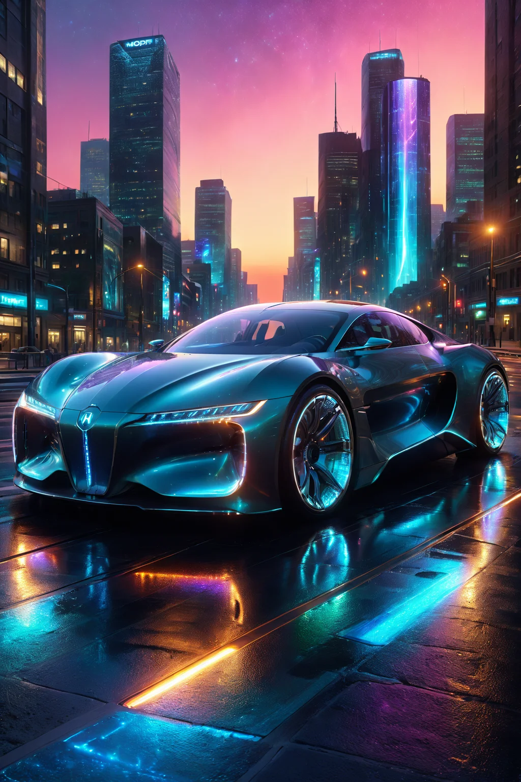 morph-aurora, a futuristic luxury car with premium finish, elegant curves, solo, futuristic seats, glowing accents, neon-lit highway, holographic signs, city lights, detailed background, ascending a platform, engines humming, lights glowing, wide shot, a futuristic fuel cell, glowing softly, on the ground, best quality, rich colors, realistic style, high detail, high-definition, hyper-realistic, extremely high-resolution details, fine texture, incredibly lifelike, realistic, not fantasy, not anime, not drawing, highres, 4K resolution, source photo, realistic photo, masterpiece, best quality, amazing quality, very aesthetic, ultra-detailed, detailed surfaces, natural metallic tones, soft light, deep black, glossy finish, soft light, overhead shot, <lora:add-detail-xl:1> <lora:aurora_0_100_V1-000009:0.65>