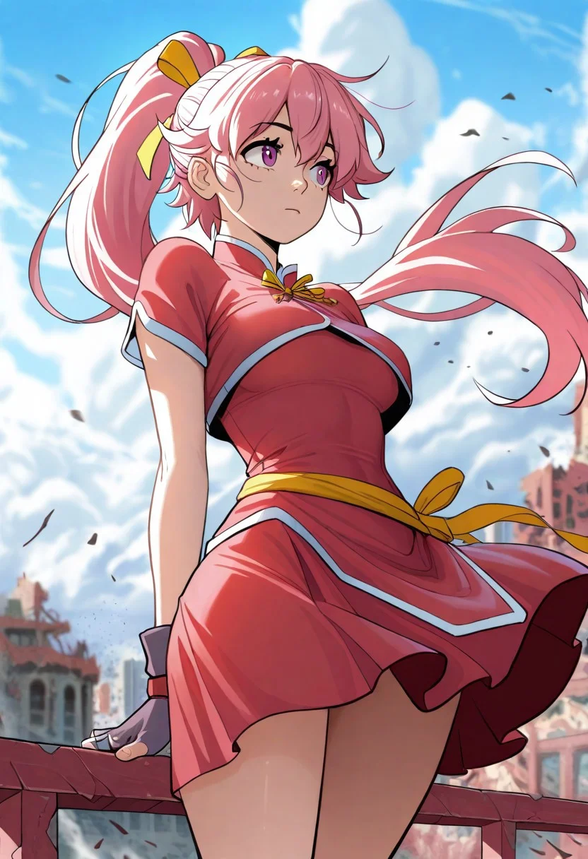 masterpiece, best quality, amazing quality, very aesthetic, absurdres,
xiaoxue, 1girl, solo, pink hair, ponytail, violet eyes, long hair, yellow ribbon,
outfit_1, red tangzhuang, red skirt, boots, fingerless gloves, short sleeves,
standing, wind, arms behind back, stretching arms behind back, leisure walk, looking away, colorful, cinematic atmosphere, high contrast, blurry background, outdoors, ruin realm, clouds, destroyed world, reuined buildings floating in the sky, waterfalls in the sky,