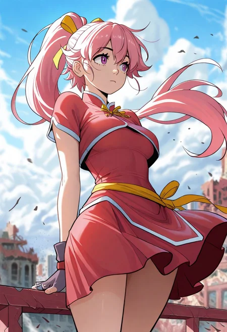 masterpiece, best quality, amazing quality, very aesthetic, absurdres,
xiaoxue, 1girl, solo, pink hair, ponytail, violet eyes, long hair, yellow ribbon,
outfit_1, red tangzhuang, red skirt, boots, fingerless gloves, short sleeves,
standing, wind, arms behind back, stretching arms behind back, leisure walk, looking away, colorful, cinematic atmosphere, high contrast, blurry background, outdoors, ruin realm, clouds, destroyed world, reuined buildings floating in the sky, waterfalls in the sky,