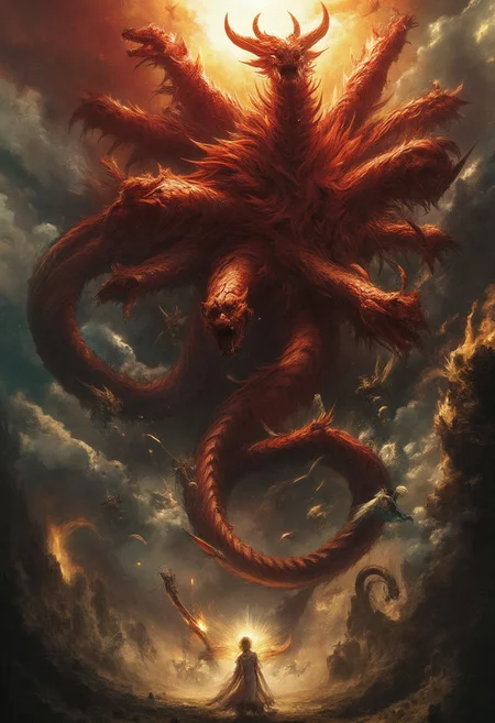 A massive, fiery red dragon, its seven crowned heads twisting in different directions, eyes burning with malice. Its ten jagged horns glisten with an eerie glow, while its wings stretch wide, blotting out the storm-filled sky. The air trembles as its enormous, serpentine tail lashes through the heavens, scattering celestial fragments like falling stars.
Surrounded by shattered ruins and swirling storms, the dragon looms over a mystical, radiant woman, its fanged maw open as if ready to strike. In the heavens, angelic warriors wielding blazing swords descend, their armor reflecting divine light as they charge against the ancient beast.
The dragon’s presence distorts reality—a swirling maelstrom of fire and shadow, its scales shimmering between the realms of existence. Thunder rumbles as the battle between light and darkness unfolds, an apocalyptic clash of cosmic forces.
Ultra-detailed, high fantasy, dark biblical mythology, cinematic lighting, hyper-realistic textures, divine vs. demonic contrast, epic celestial battle