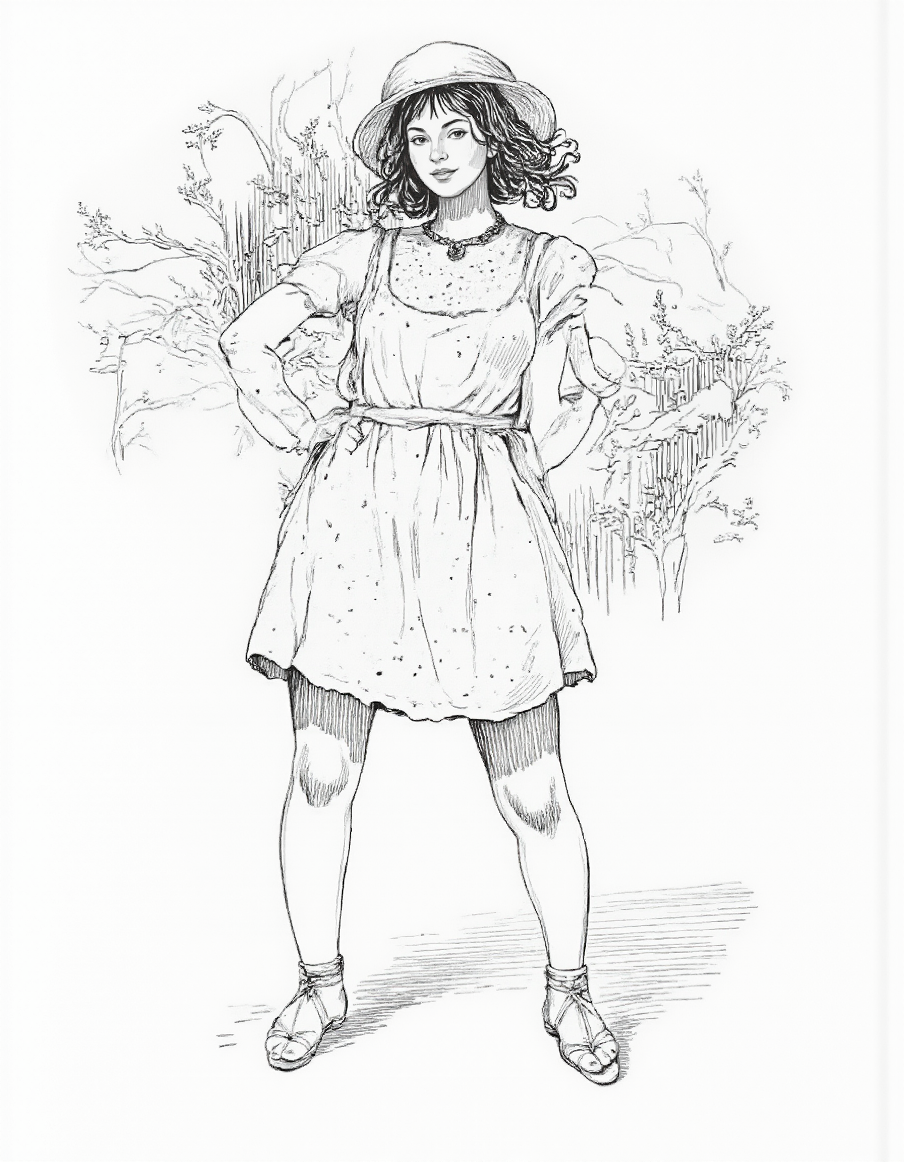 <lora:mig4v:1>, This image is a black-and-white line drawing, likely created with a pen or pencil, of, <lora:Dark_Ghibli:0.8>, masterpiece iconic portrait of pretty mature woman with black hair dressed white summer cotton dress, <lora:dada:0.8>