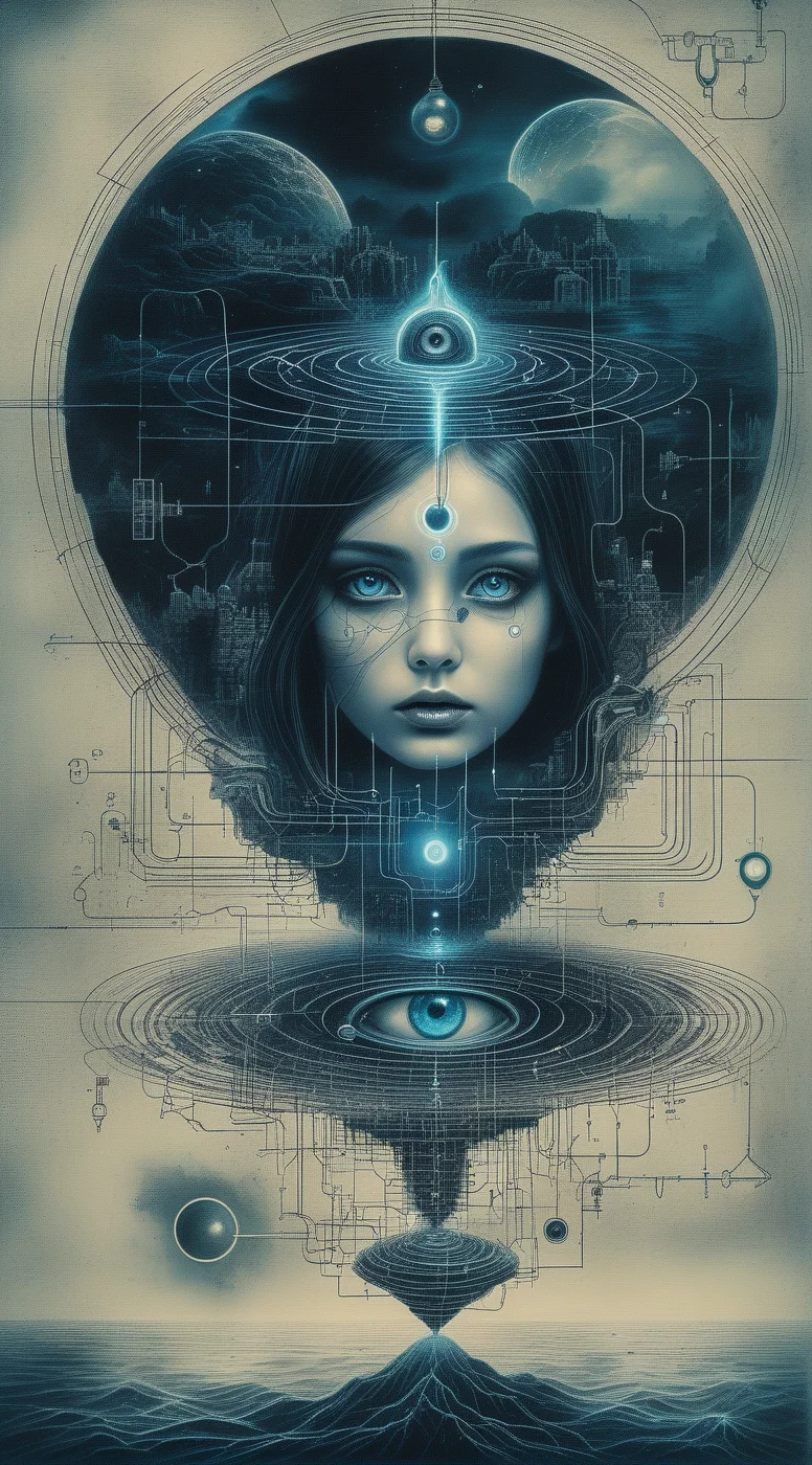 ampereart In the depths of the electrical, a dark and mysterious world unfolds, where a surreal death girl with eyes of liquid blue wanders, lost in electrical enigmatic dreamscape surrealistic electrical diagrams<lora:ampereart:1>