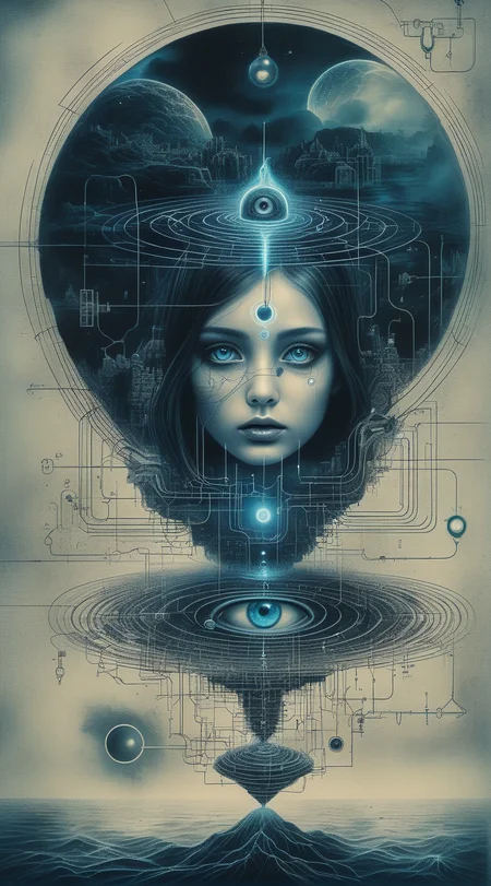 ampereart In the depths of the electrical, a dark and mysterious world unfolds, where a surreal death girl with eyes of liquid blue wanders, lost in electrical enigmatic dreamscape surrealistic electrical diagrams<lora:ampereart:1>