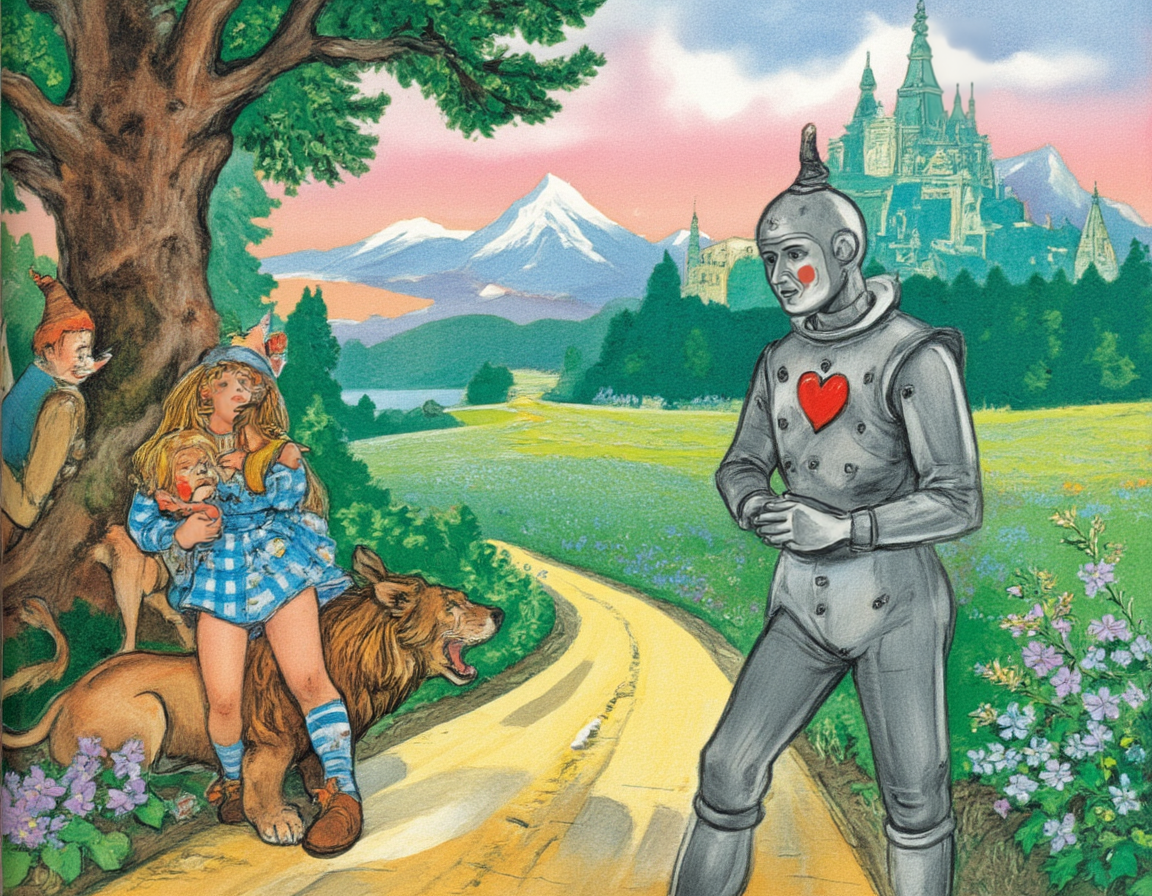 Colored Pencil Art, <lora:vladimirsky:1>, This is a whimsical and enchanting illustration in the style of a brightly colored pencil drawing, inspired by the magical world of The Wizard of the Emerald City by Alexander Volkov. The scene depicts a breathtaking moment from the book, filled with wonder, adventure, and the charm of Oz-like landscapes., 
At the heart of the composition stands Elena (or Ellie), the young heroine, dressed in her iconic blue-and-white checked dress, which is rendered with soft pastel tones and intricate textures to highlight its simplicity yet charm. She holds Totoshka, her loyal dog, close to her chest as they stand at the edge of a winding yellow brick road that stretches into the distance, disappearing into an emerald-green forest. Her expression is one of curiosity and determination, reflecting her brave journey ahead., 
Surrounding Elena are her companions:, 
Strasheelo (Scarecrow) leans casually against a tree trunk, his body made entirely of straw, with stitches and patches clearly visible on his fabric clothing. His face, drawn with delicate shading, shows intelligence and warmth despite being devoid of a brain., 
Zhelezoed (Tin Woodman) stands proudly nearby, his metallic body gleaming with reflections of gold, silver, and copper created through layered colored pencils. His heart-shaped emblem on his chest shines brightly, symbolizing his quest for love and compassion., 
Lev (Cowardly Lion) crouches protectively beside Elena, his golden mane flowing dramatically in the breeze. His features combine strength and vulnerability, capturing his inner struggle for courage., 
In the background, the landscape unfolds in layers of vibrant colors:, 
A vast meadow filled with wildflowers in every hueâblues, purples, yellows, and pinksâstretches toward the horizon., 
In the distance, the spires of the Emerald City rise majestically, their green glow enhanced by subtle highlights and shading techniques., 
Above, the sky transitions from soft morning pink near the horizon to deep azure overhead, dotted with fluffy white clouds., 
Every element in the frame contributes to the mood:, 
Color Palette : Rich, harmonious colors achieved through layered colored pencils bring life to the characters and scenery. Soft pastels for Elena's dress contrast beautifully with the bold greens of the forest and the metallic sheen of Zhelezoed's body., 
Texture & Technique : The use of colored pencil textures emphasizes the unique qualities of each characterâthe roughness of Strasheeloâs straw stuffing, the smooth shine of Zhelezoedâs metal surface, and the soft fur of Levâall rendered with meticulous attention to detail., 
Emotional Depth : The scene radiates hope, friendship, and adventure. Each characterâs expression and posture convey their individual journeys while uniting them in a shared goal., 
The overall tone of the image is joyful, dreamlike, and inspiring, celebrating themes of friendship, self-discovery, and the power of belief. It invites viewers to step into the magical world of the Emerald City and join Elena and her friends on their incredible journey., 
Additional keywords: whimsical art, fairy tale illustration, colorful pencil drawing, fantasy landscape, Volkov inspiration, Wizard of Oz adaptation, vibrant textures, cartoonish realism, magical realism, enchanted atmosphere., colored pencil strokes, light color, visible paper texture, colored pencil art