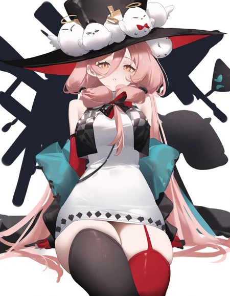1girl,simple background,white background,solo,cowboy shot,qiaoshou,sitting,looking at viewer,<lora:qiaoshou-000012:0.8>,hat,asymmetric thighhighs,, masterpiece, best quality, very aesthetic, absurdres,newest, incredibly absurdres,