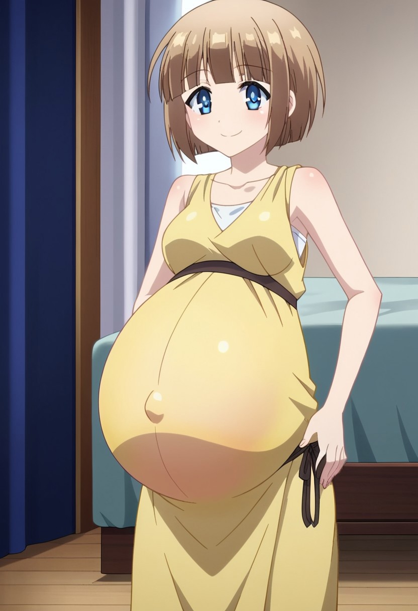 best quality, masterpiece, 4k, perfect lighting, very aesthetic, anime, anime coloring, official art, anime screencap, bedroom, happy, smile, hands on belly,
fFaceDetail, EyeDetail,
(large pregnant belly:1.5)
<lora:MasterofRagnarok:1>,  epheria, blue eyes, brown hair, short hair, 
(yellow clothes:1.9)
(covered belly:1.9), (pregnancy clothes:1.9)