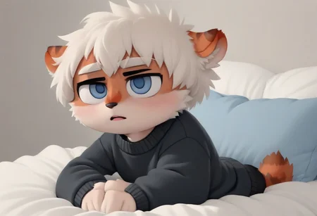 ((milkytiger)), white hair, blue eyes, tiger, furry, black sweater, gray shorts, 1boy, solo, sitting, in bed, shy, blush