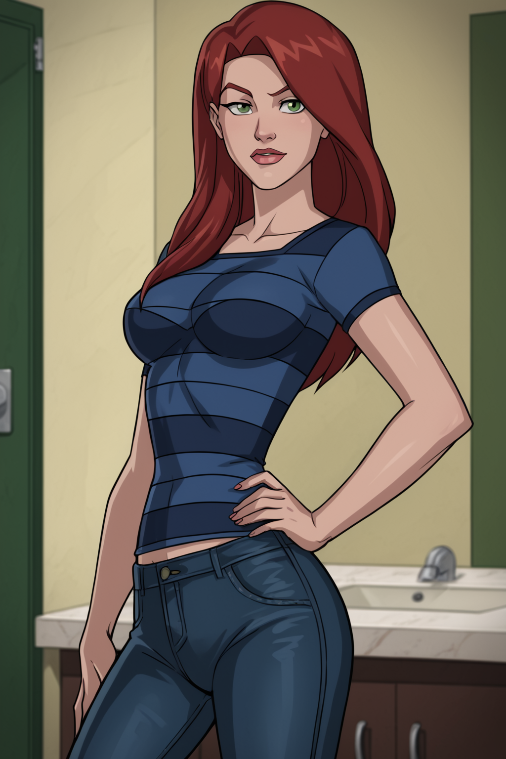 PonyXLV6_Scores BREAK (((parody)),  perfect anatomy, perfect eyes, cowboy shot), <lora:add_details_xl:0.8> BREAK <lora:Spider-Woman_-_Ultimate_Spider-Man:0.8> mary jane watson, long hair, red hair, green eyes, raised eyebrow, flirting, sultry eyes, ((looking at viewer)), striped shirt, short sleeves, jeans, large breasts, curvy, toned, athletic, sexually suggestive pose, arched back, hands on hip, indoors