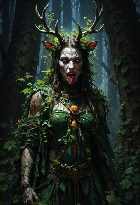 An evocative dark fantasy illustration by Anato Finnstark and Greg Rutkowski. The central figure is a once-elegant forest nymph, now corrupted by sinister forces. She has deer-like attributes, a pale complexion, glowing red eyes, and jagged antlers. Her once-lush attire is now tattered and overgrown with the very greenery that she once represented. The background is dark and foreboding, reflecting the nymph's lost beauty and anger. The overall atmosphere is cinematic and conceptual, immersing the viewer in a world of dark fantasy., cinematic, conceptual art, dark fantasy