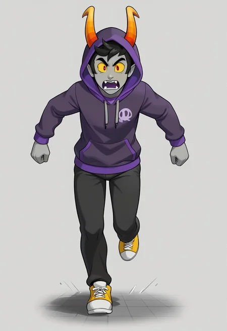 grey skin, 1boy, male focus, yellow sclera, black hair, horns, yellow sclera, solo, hood, hoodie, full body, pants, simple background, jacket, troll, nubhorns, purple shirt, scared, running, arms out,
BREAK,
three-quarter view,
BREAK,