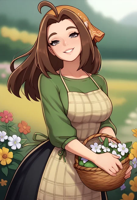 score_9, score_7_up, BREAK, solo, 1girl, looking at viewer, smile, <lora:mixp_pd_glora:1>, <lora:Celia-pdxl_Fp:0.8>, celiahm, brown hair, grey eyes, ahoge, long hair, bandana, green shirt, apron, skirt, large breasts, basket, flower, head tilt, outdoors,