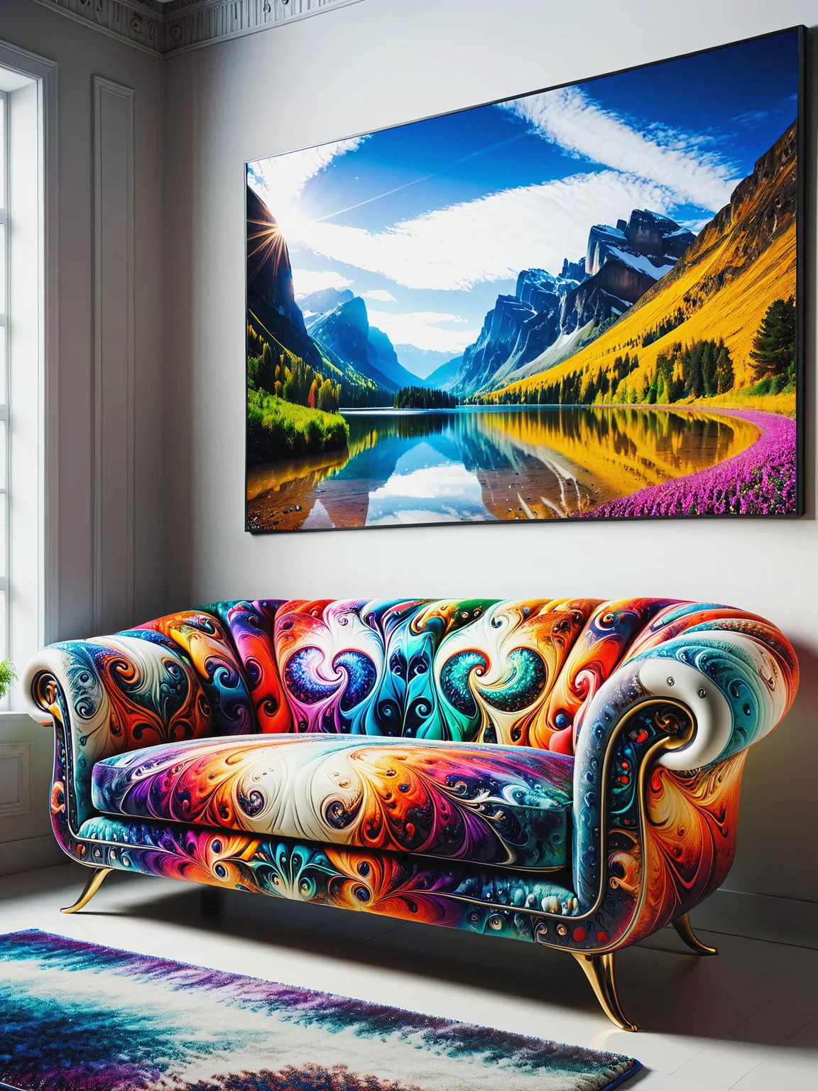 colorful mad-frctl sofa in living room, photo of a landscape on the wall <lora:Colorful_Fractal_SDXL:1>, (masterpiece:1.2), best quality