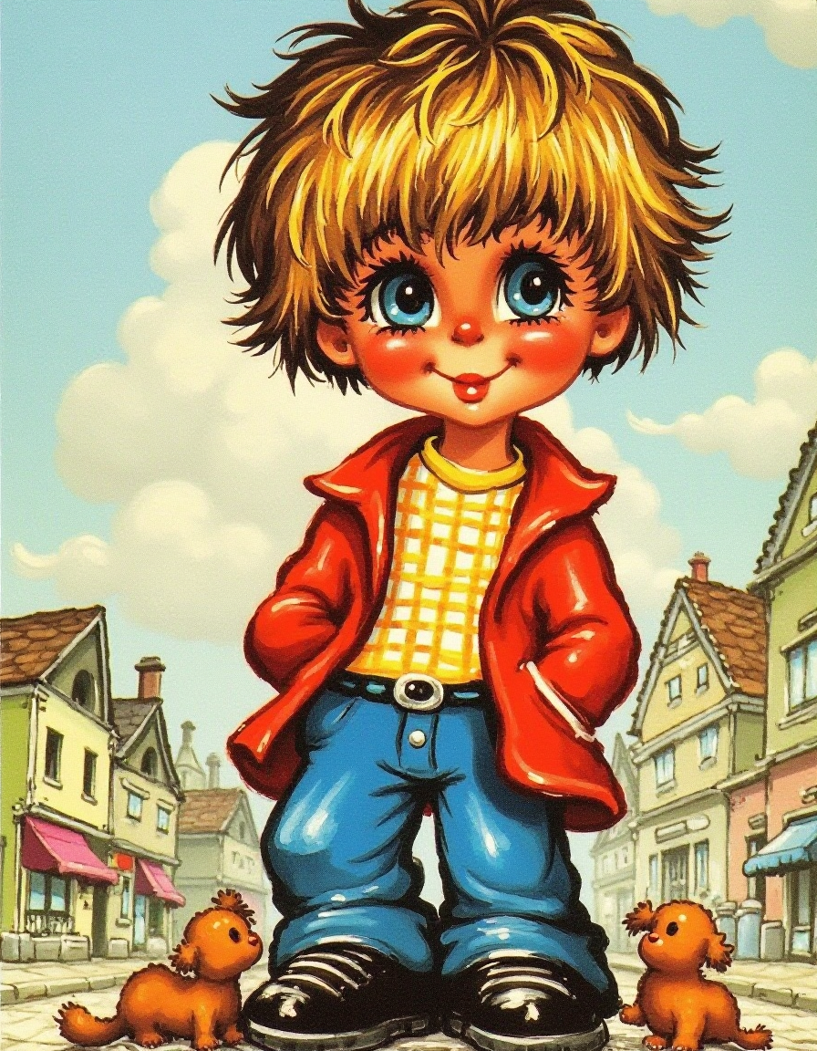 poulbot,. This image is a vibrant, whimsical painting in a cartoonish, exaggerated style, reminiscent of 1960s and 1970s children's book illustrations. The central figure is a young boy with a mop of tousled, light brown hair and large, expressive blue eyes. He has a cheerful, slightly mischievous expression. He is dressed in a bright red jacket, a yellow and white checkered shirt, and blue jeans.