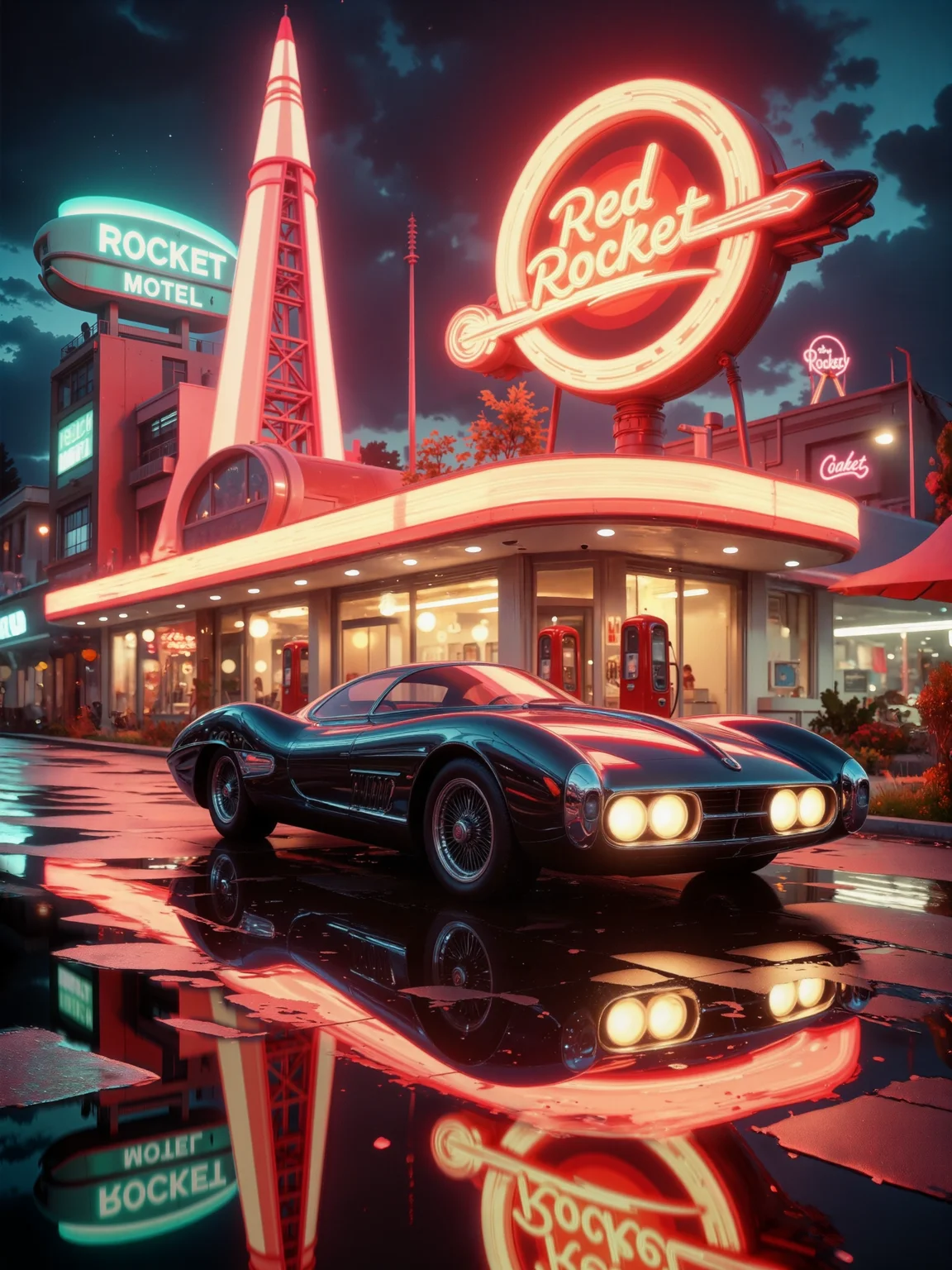 professional magazine photo, cinematic composition, 8k, 4k, 1960s retro-futurism, science fiction, perfect reflections, ray tracing, a highly detailed, high-resolution photo of an exciting luxurious, retro-futuristic sports car gleaming under the neon glow of a vintage gas station, a vision of 1960s-inspired atomic-age design, fused with cutting-edge technology, its sleek, aerodynamic bodywork features flowing curves, pronounced tailfins, and a bubble-shaped canopy, reminiscent of classic mid-century concept cars, polished chrome trim reflects the ambient light, while its vibrant metallic paint - ebony black with polished chrome accents - shimmers with a soft pearlescent finish, whitewall tires with turbine-styled hubcaps complete its striking silhouette, the car's headlights are on, casting bright beams onto the rain-slick pavement, the light refracting in shimmering reflections. the setting is an atmospheric retro-futuristic gas station, bold red and white signage displays the text: "Red Rocket" in classic americana typography, its iconic towering rocket-shaped sign glowing softly against the twilight sky, red vintage fuel pumps stand in a row, showcasing the golden age of optimistic engineering, the concrete forecourt is slick from a recent rain shower, casting shimmering reflections of neon, the sky is a rich blend of twilight hues, with the last golden light of sunset fading into a deep blue, the first stars appearing above, the composition is cinematic, shot at a dramatic low angle to emphasize the power and elegance of the car, the car is positioned in the lower third of the frame, drawing the eye toward the red rocket sign in the background, giving the image a sense of grandeur and depth, captured with a hasselblad h6d-100c medium format camera on kodak ektar 100 film, f/2.8 aperture, iso 200, the soft film grain enhances the vintage aesthetic, while the crisp details ensure a modern, high-end car magazine quality, the lighting is a mix of soft natural dusk light and the warm artificial glow of gas station signage, combining to create a dynamic, luxurious atmosphere, a perfect blend of classic americana and retro-futuristic optimism, framed with masterful precision to evoke a sense of nostalgia and wonder, arsmjstyle, vaporwave, <lora:image_enhancer-flux-by_dever:0.68> <lora:style-vaporwave-flux-by_arsmachina:0.72> <lora:futucars-flux-by_ciro_negrogni:0.8>