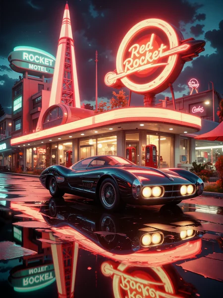 professional magazine photo, cinematic composition, 8k, 4k, 1960s retro-futurism, science fiction, perfect reflections, ray tracing, a highly detailed, high-resolution photo of an exciting luxurious, retro-futuristic sports car gleaming under the neon glow of a vintage gas station, a vision of 1960s-inspired atomic-age design, fused with cutting-edge technology, its sleek, aerodynamic bodywork features flowing curves, pronounced tailfins, and a bubble-shaped canopy, reminiscent of classic mid-century concept cars, polished chrome trim reflects the ambient light, while its vibrant metallic paint - ebony black with polished chrome accents - shimmers with a soft pearlescent finish, whitewall tires with turbine-styled hubcaps complete its striking silhouette, the car's headlights are on, casting bright beams onto the rain-slick pavement, the light refracting in shimmering reflections. the setting is an atmospheric retro-futuristic gas station, bold red and white signage displays the text: "Red Rocket" in classic americana typography, its iconic towering rocket-shaped sign glowing softly against the twilight sky, red vintage fuel pumps stand in a row, showcasing the golden age of optimistic engineering, the concrete forecourt is slick from a recent rain shower, casting shimmering reflections of neon, the sky is a rich blend of twilight hues, with the last golden light of sunset fading into a deep blue, the first stars appearing above, the composition is cinematic, shot at a dramatic low angle to emphasize the power and elegance of the car, the car is positioned in the lower third of the frame, drawing the eye toward the red rocket sign in the background, giving the image a sense of grandeur and depth, captured with a hasselblad h6d-100c medium format camera on kodak ektar 100 film, f/2.8 aperture, iso 200, the soft film grain enhances the vintage aesthetic, while the crisp details ensure a modern, high-end car magazine quality, the lighting is a mix of soft natural dusk light and the warm artificial glow of gas station signage, combining to create a dynamic, luxurious atmosphere, a perfect blend of classic americana and retro-futuristic optimism, framed with masterful precision to evoke a sense of nostalgia and wonder, arsmjstyle, vaporwave, <lora:image_enhancer-flux-by_dever:0.68> <lora:style-vaporwave-flux-by_arsmachina:0.72> <lora:futucars-flux-by_ciro_negrogni:0.8>
