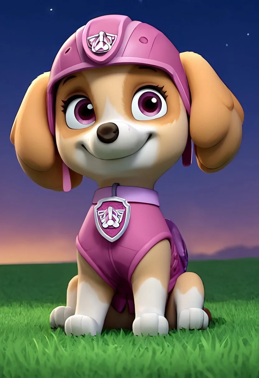 BREAK Score_9_up, Score_8_up, Score_7_up, source_anime, (sideways), skyepp, dog, feral, pink vest, pink collar, pink goggle helmet, sitting, view away from viewer, smile, night, grass,