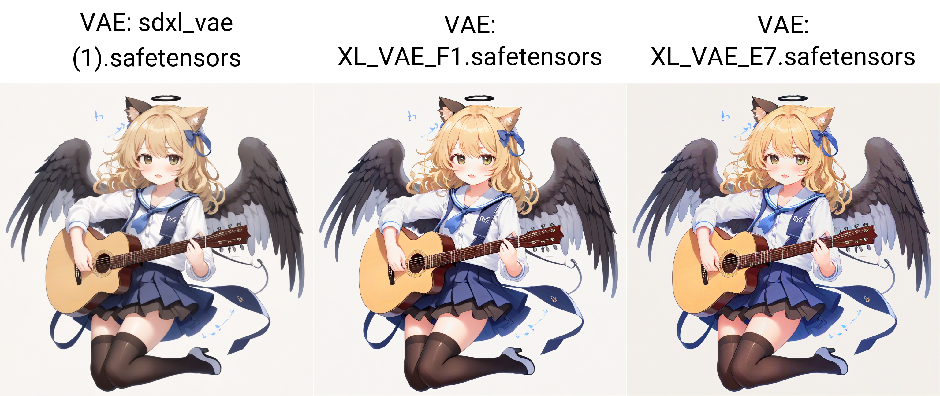 white background,semilong wavy blonde hair,angel wing,Angel Halo,full body,(school uniform:1.2),black thighhighs,cute,cat ears, white background,play the guitar