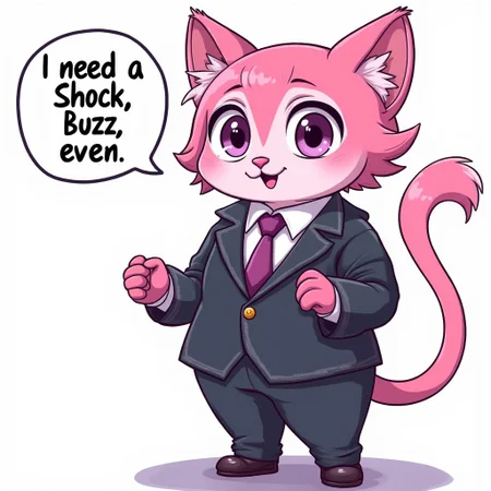 Pink Cat in a business suit with a speech bubble that says:  I need a Shock, Buzz even