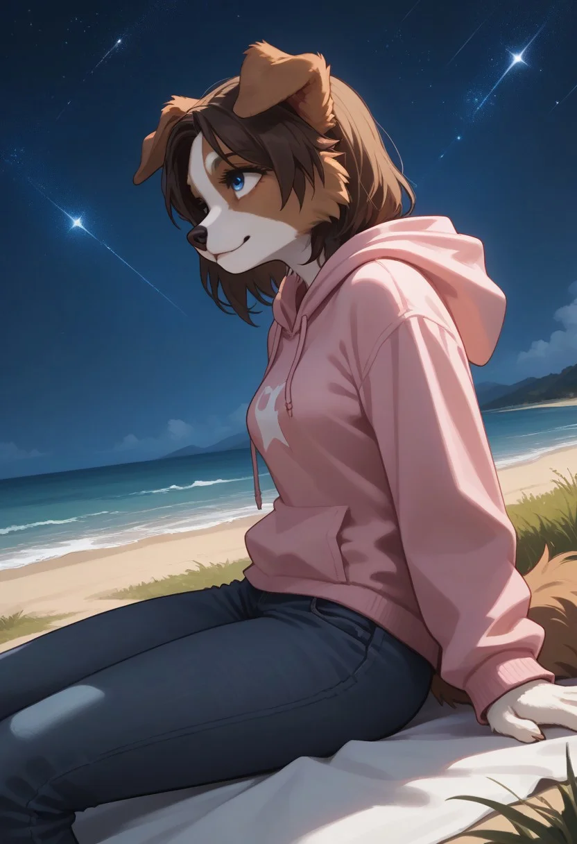 score_9, score_8_up, score_7_up, easynegative, anime style, 1girl, anthro border collie girl, long dark brown hair, blue eyes, light brown fur, floppy ears, medium breasts, white belly fur, pink hoodie, jeans, sitting on a blanket, by the beach, at night, from side, from behind, looking at scenery, faint smile, tall grass around, on a hill, windy, stars, dark sky, dim lighting, moonlit, looking up, close up, leaning back,