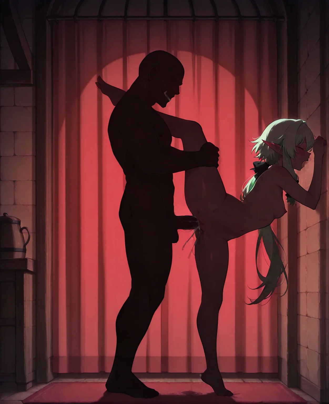 <lora:add-detail-xl:0.5>,masterpiecebest quality,anime coloring,anime screenshot,
<lora:silhouette_sex:0.9>silhouette_sexV1,
silhouette, 1girl, 1boy, standing split sex, against wall, standing, full body, dark,
moaning, holding own leg,penis, pussy juice, cum in pussy, completely nude, 
red theme,
behind curtains,
medieval century inn,
indoors, 
official art, 
high elf archer \(goblin slayer!\), 
orc, goblin slayer!, bald,
20YO,milf, adult,