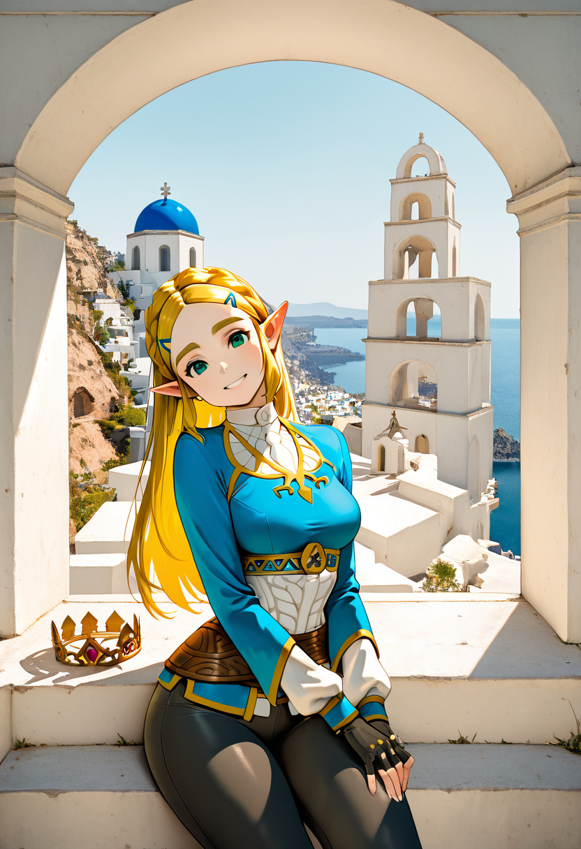 masterpiece, best quality, medium breasts, (curvy), narrow waist,    BREAK,  princess zelda, long hair, crown braid, hairclip, pointy ears, blue shirt, long sleeves, fingerless gloves, black gloves, black pants, tight pants, smile, curvy, head tilt, sitting,smile, looking at viewer, cowboy shot,   zzSantorini,  ,<lora:SantoriniBuildings_IXL_v1:0.8>,