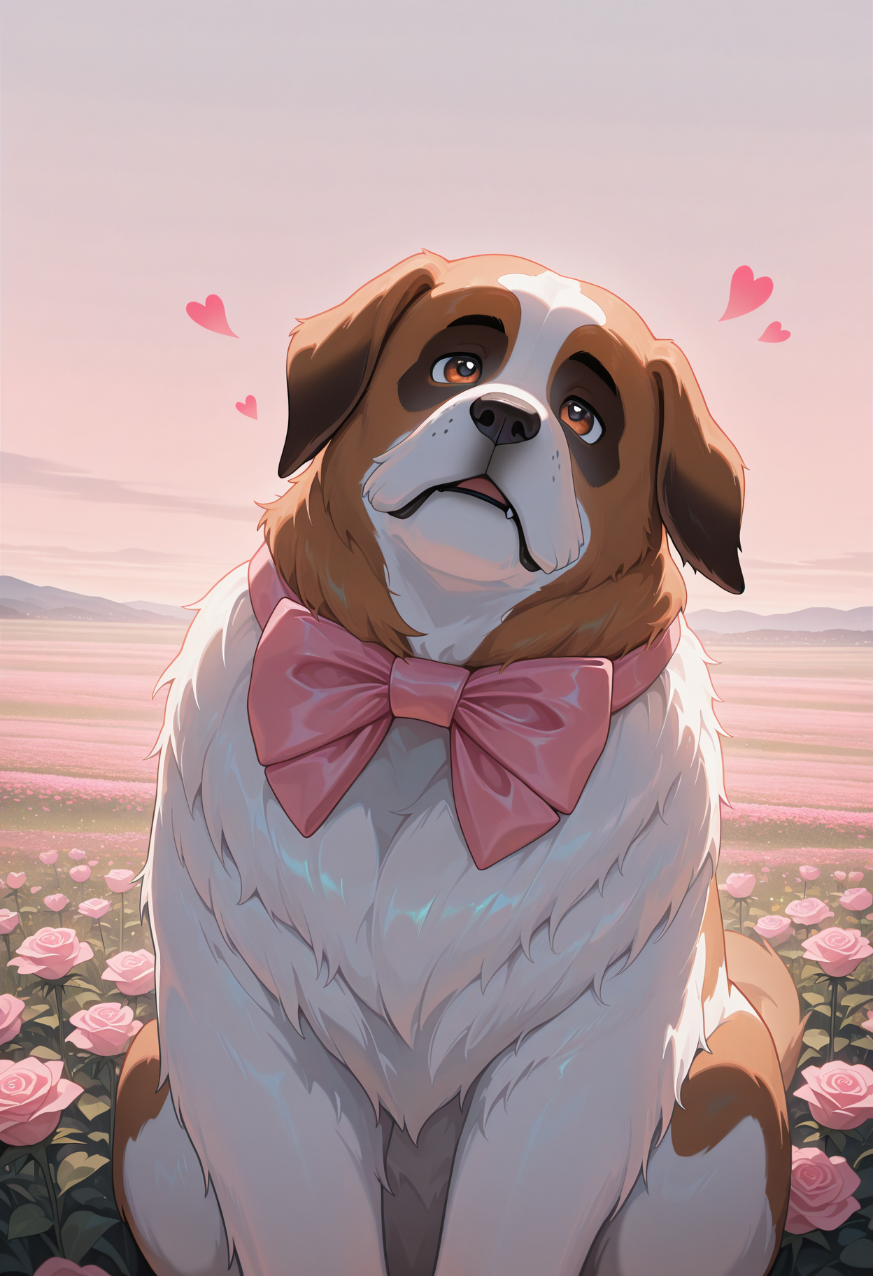 1 saint bernard, head tilt, pink rose, sitting, bowtie, field, (hearts0.5), soft colors, solo,
masterpiece, best quality, amazing quality, very aesthetic, absurdres,  newest, 