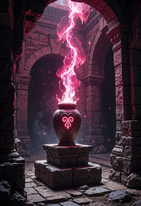 Design picture illustrating an elegant jar with violent energy hovering above an occult rune on a stone altar. Inside of an ancient chamber, with a surreal feeling, strengthened by volumetric light; selective color theme black, white, red-pink, eyecandy, dappled lighting