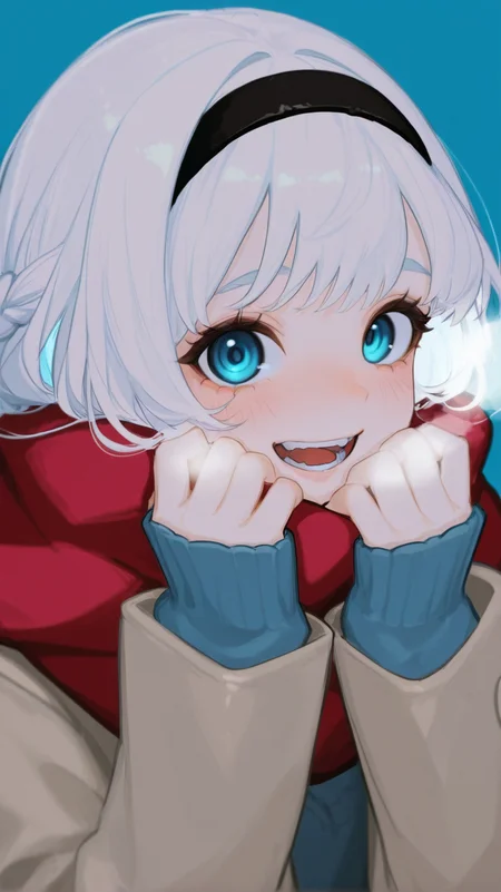1girl, solo, long_hair, looking_at_viewer, blush, smile, open_mouth, bangs, blue_eyes, long_sleeves, upper_body, braid, white_hair, hairband, teeth, scarf, sweater, coat, sleeves_past_wrists, blue_background, own_hands_together, black_hairband, breath, red_scarf, enpera