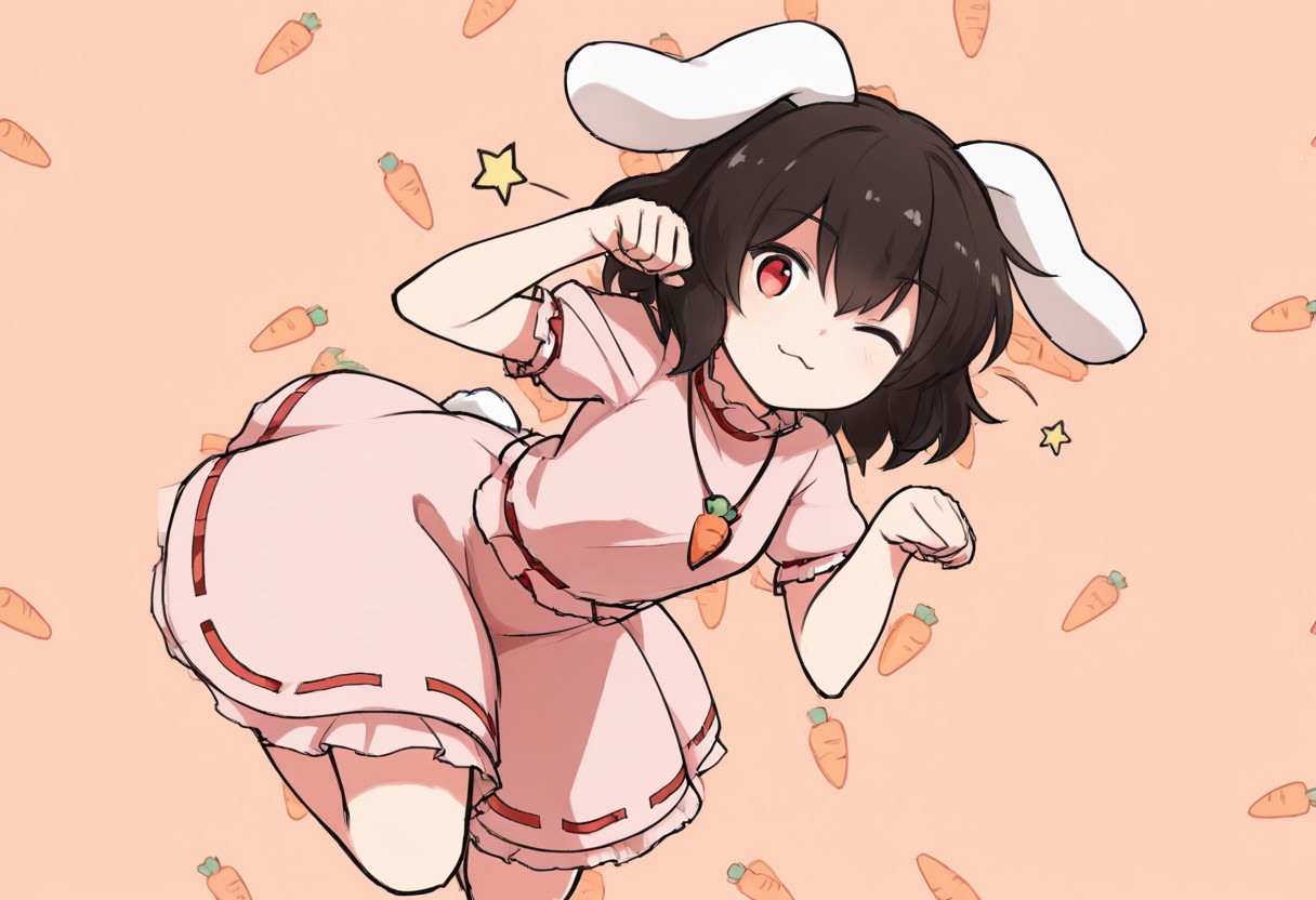 best quality, hires, from below,
1girl, inaba tewi, leaning forward,
paw pose, blinking, one eye closed, star, :3, cute,
jumping,
looking at viewer, carrot background,