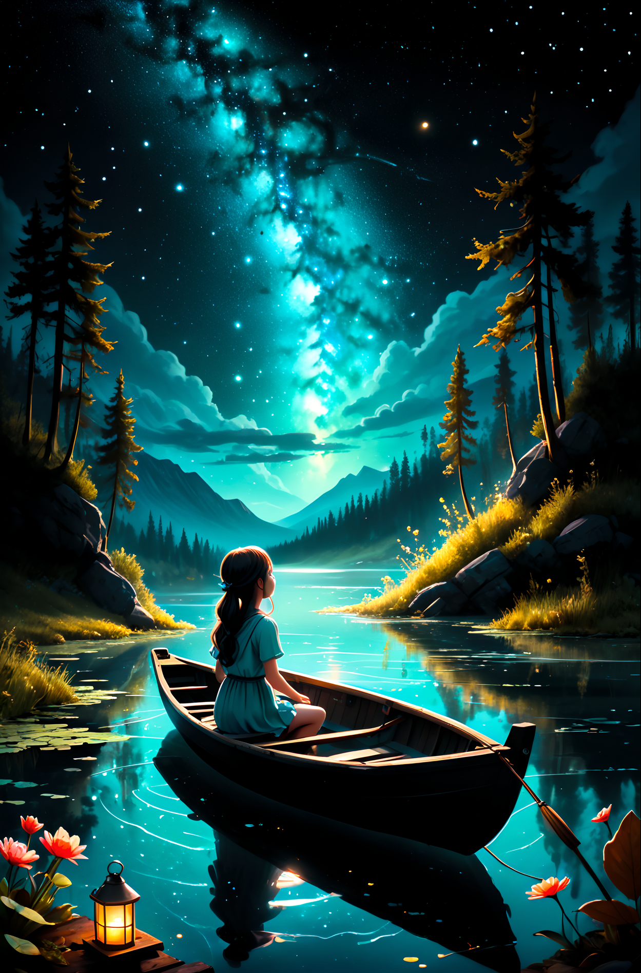 Hand drawing with pastel watercolors of a girl sitting in a small wooden boat fishes for stars in a turquoise lake as if they were dreams she would be pleased to capture.
Bioluminescent stardust spreads from the girl head up into the black night sky.
The stars in the lake and on the fishing rod are the only source of low luminetric ligths in this scene besides the stardust.

<lora:add-detail-xl:0.60>, <lora:xl_more_art-full_v1:0.40>, <lora:wowifierXL:0.50> art by mooncryptowow, <lora:LineAniRedmondV2-Lineart-LineAniAF:0.8> lineart, LineAniAF, <lora:caogao:0.8> sketch
